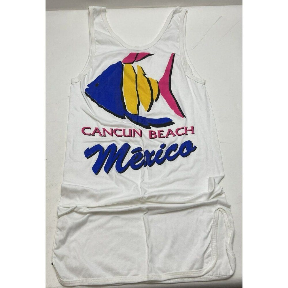 Vintage Cancun Beach Fish Graphic One Piece Tank Shirt Dress Cover Up One Size